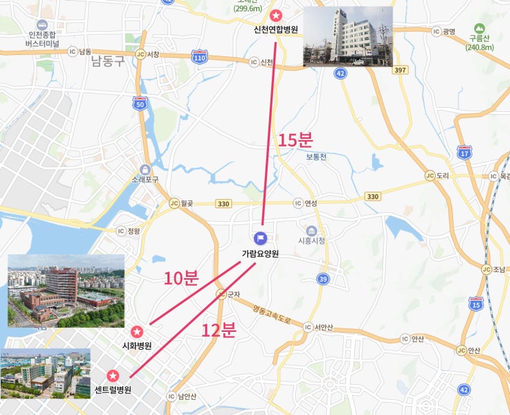 가람요양원에서 시화병원 10분, 센트럴병원 12분, 신천연합병원 15분 거리를 표시한 지도