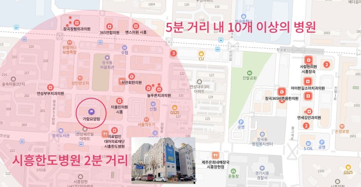 가람요양원 주변 지도 — 걸어서 5분 거리 안에 의원 10여 곳, 바로 옆 블록에 시흥한도병원